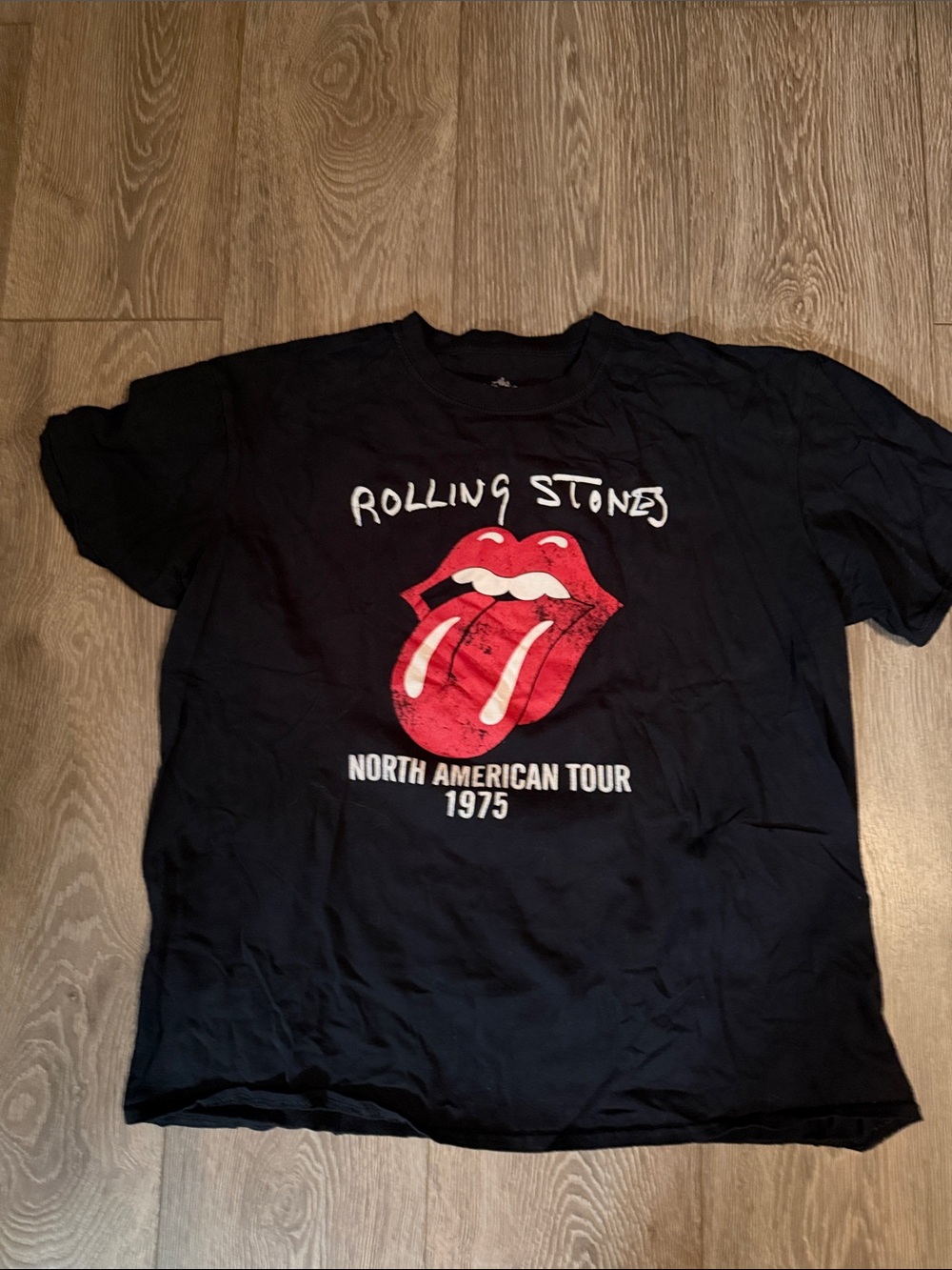 the Rolling Stones Black Tee with Red and White Tongue Graphic